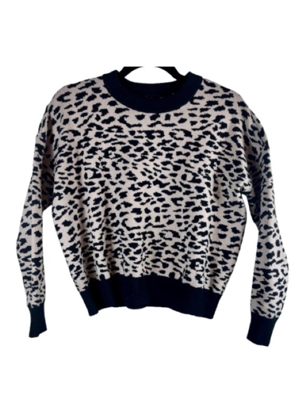 T Tahari Leopard Print Crew Neck Sweater Neutral Black Tan Animal Print Small